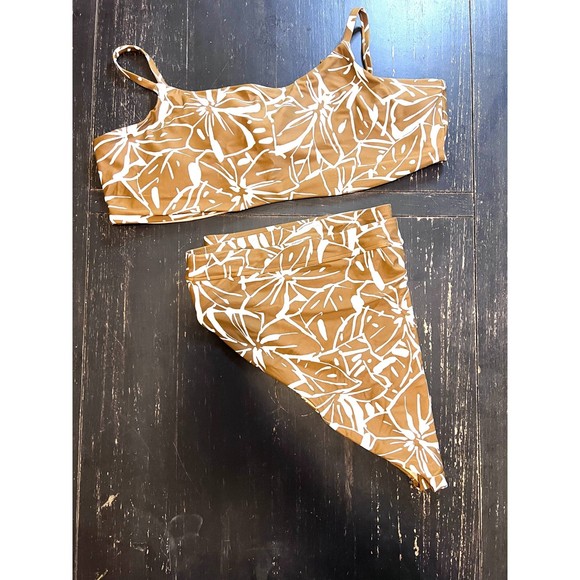 Madewell Tie Back Bikini White Gold Abstract Floral Sepia Plus Size 4x - Picture 8 of 12